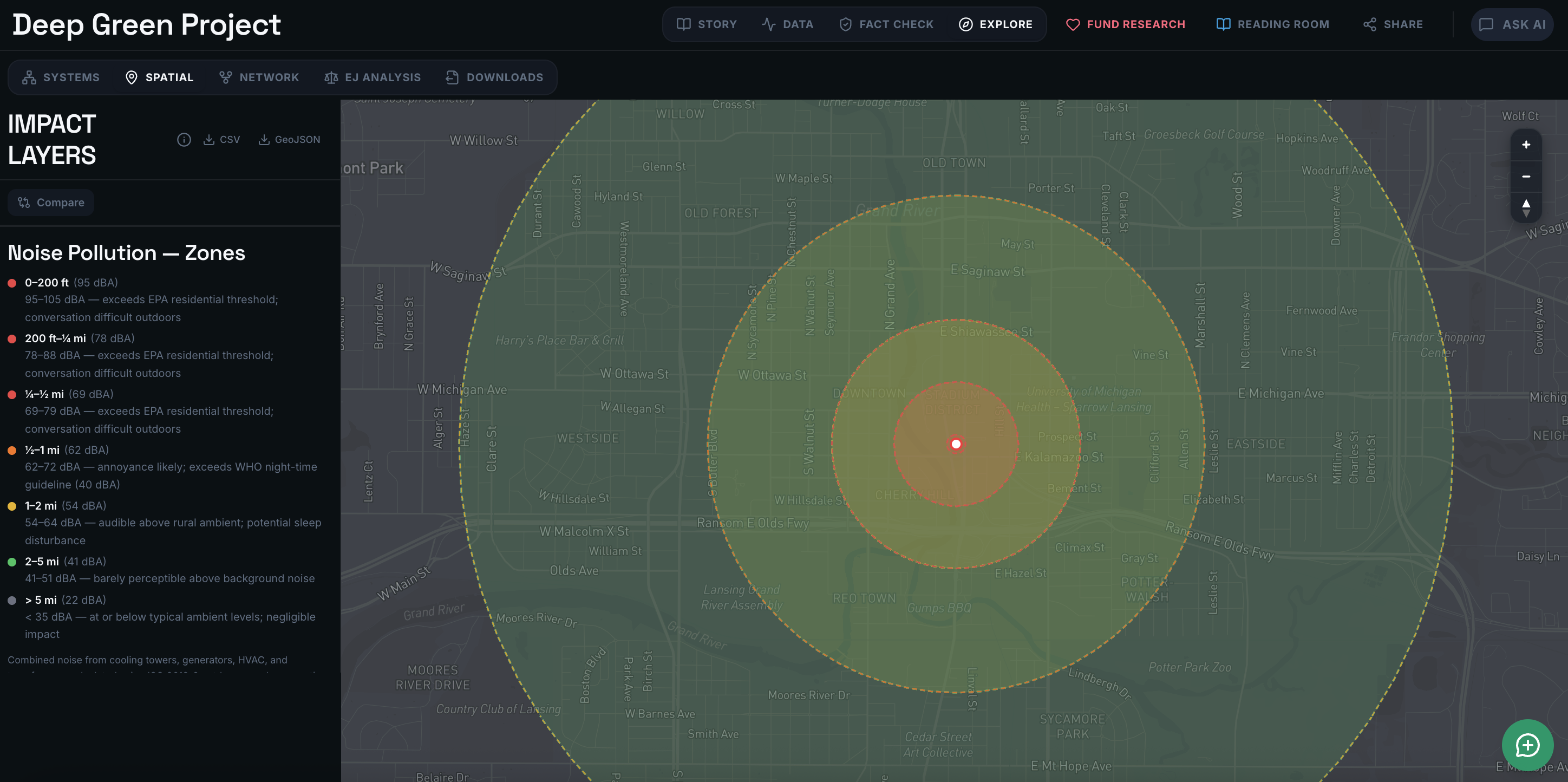 Noise pollution impact zones map